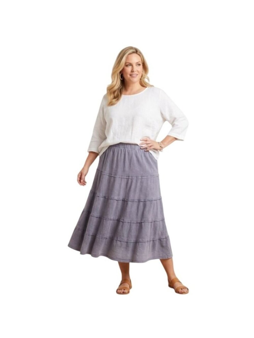 Soft Surroundings Tiered Gray 100% Linen A-line Skirt 2X Lagenlook Coastal